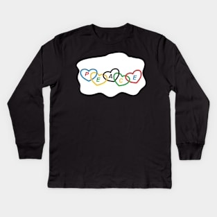 Hearts with Olympic colors and text "peace" Kids Long Sleeve T-Shirt